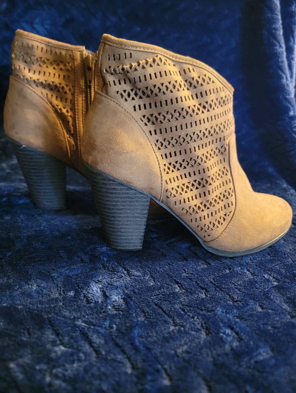 Women's Tan Cutout Suede Ankle Booties with Block Heel